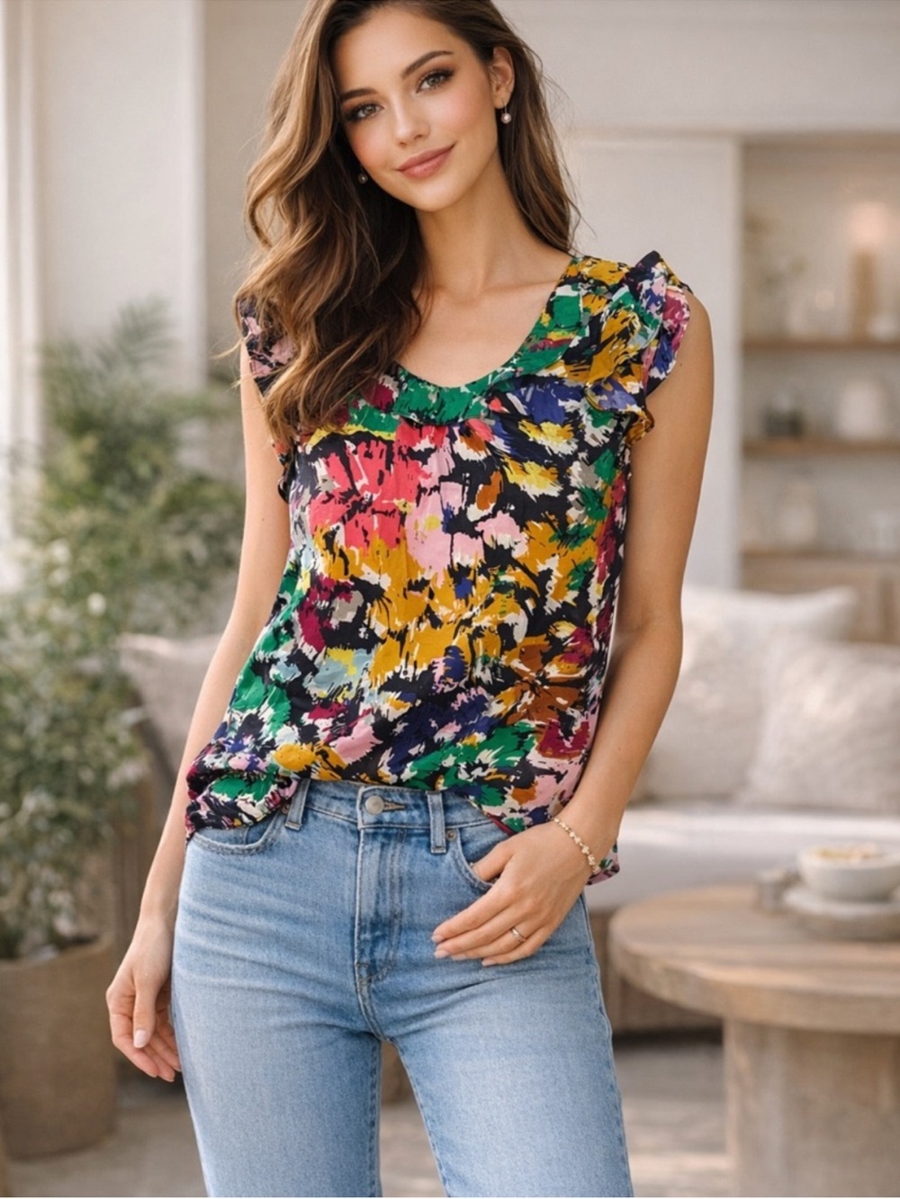 J. Crew silk brushstroke print ruffle neck sleeveless blouse size 8P - Picture 1 of 9